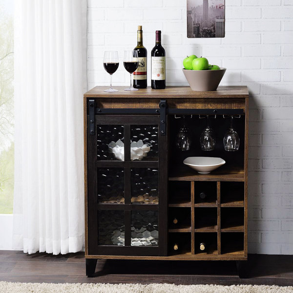 Treju Solid Wood Accent Cabinet Wine Rack With Cup Holder Rustic Storage Cabinet